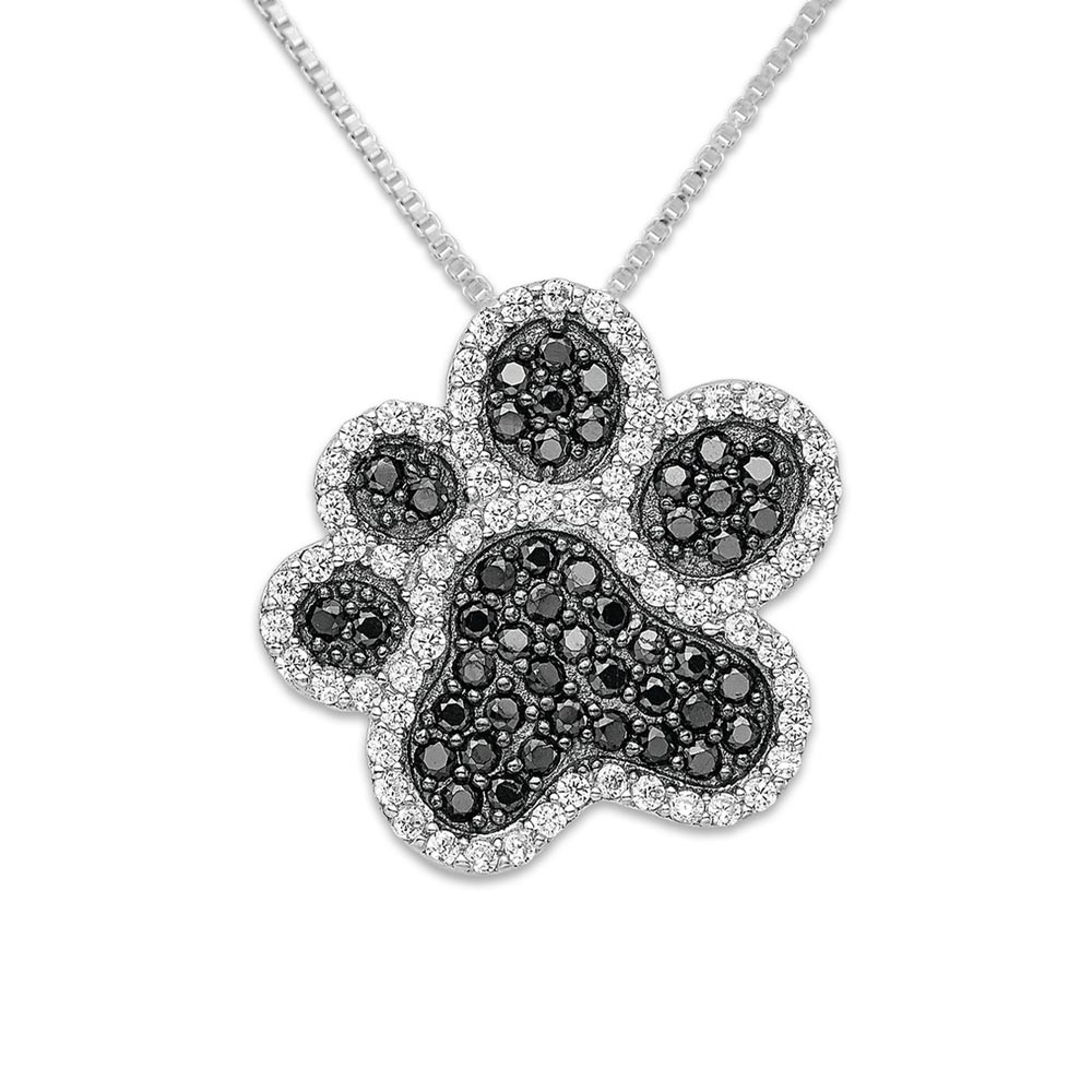 CZ Paw Print Necklace Pendant In Sterling Silver