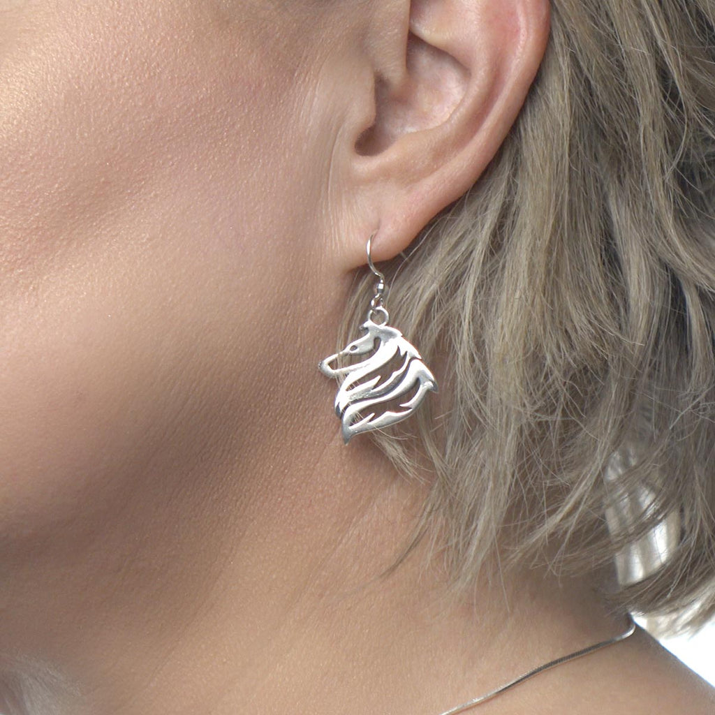 Collie Earrings in Sterling Silver, Rough Coat