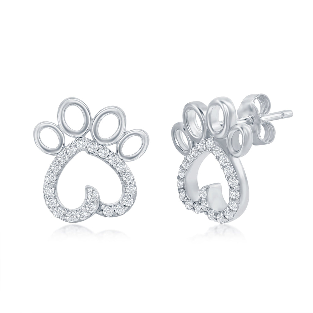 CZ Paw Print Stud Earrings in Sterling Silver