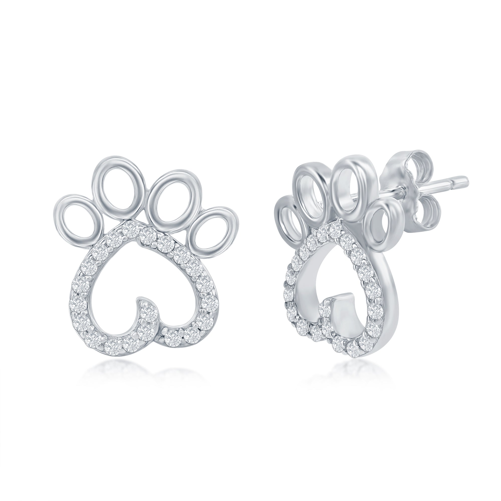 CZ Paw Print Stud Earrings in Sterling Silver