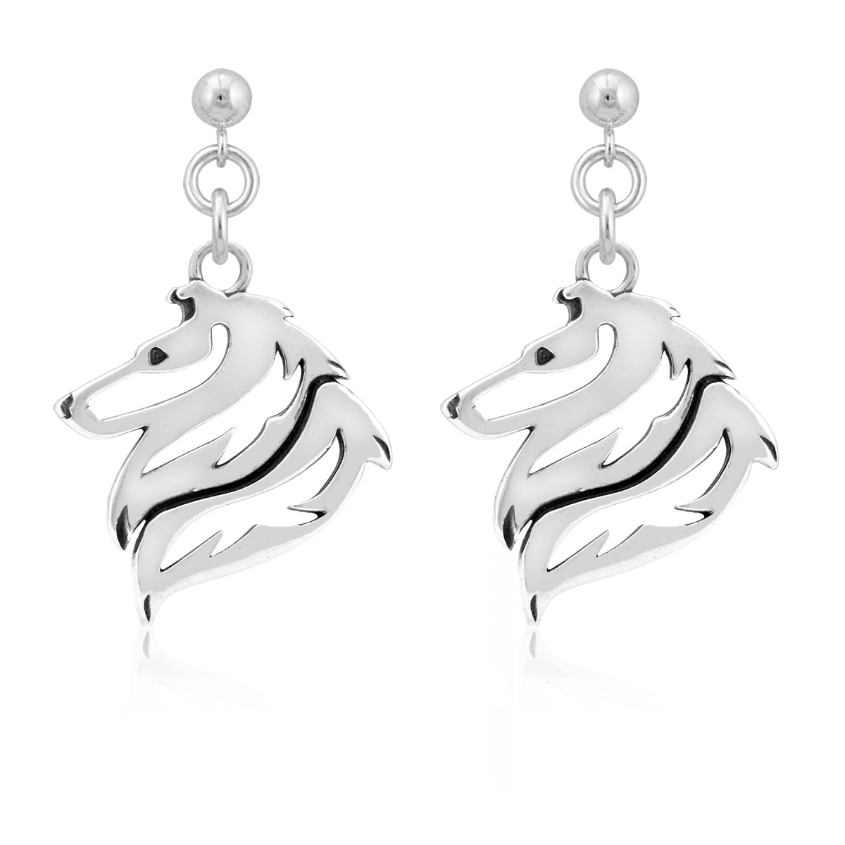 Collie Earrings in Sterling Silver, Rough Coat