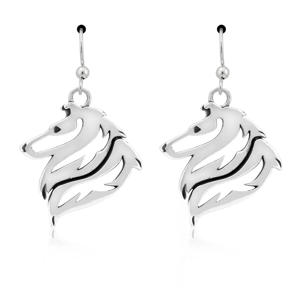 Collie Earrings in Sterling Silver, Rough Coat