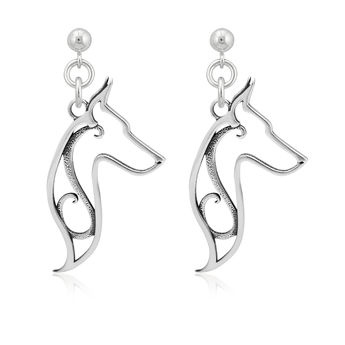 Doberman Pinscher Earrings in Sterling Silver, Cropped Ears