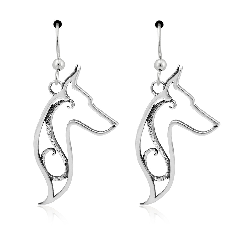 Doberman Pinscher Earrings in Sterling Silver, Cropped Ears
