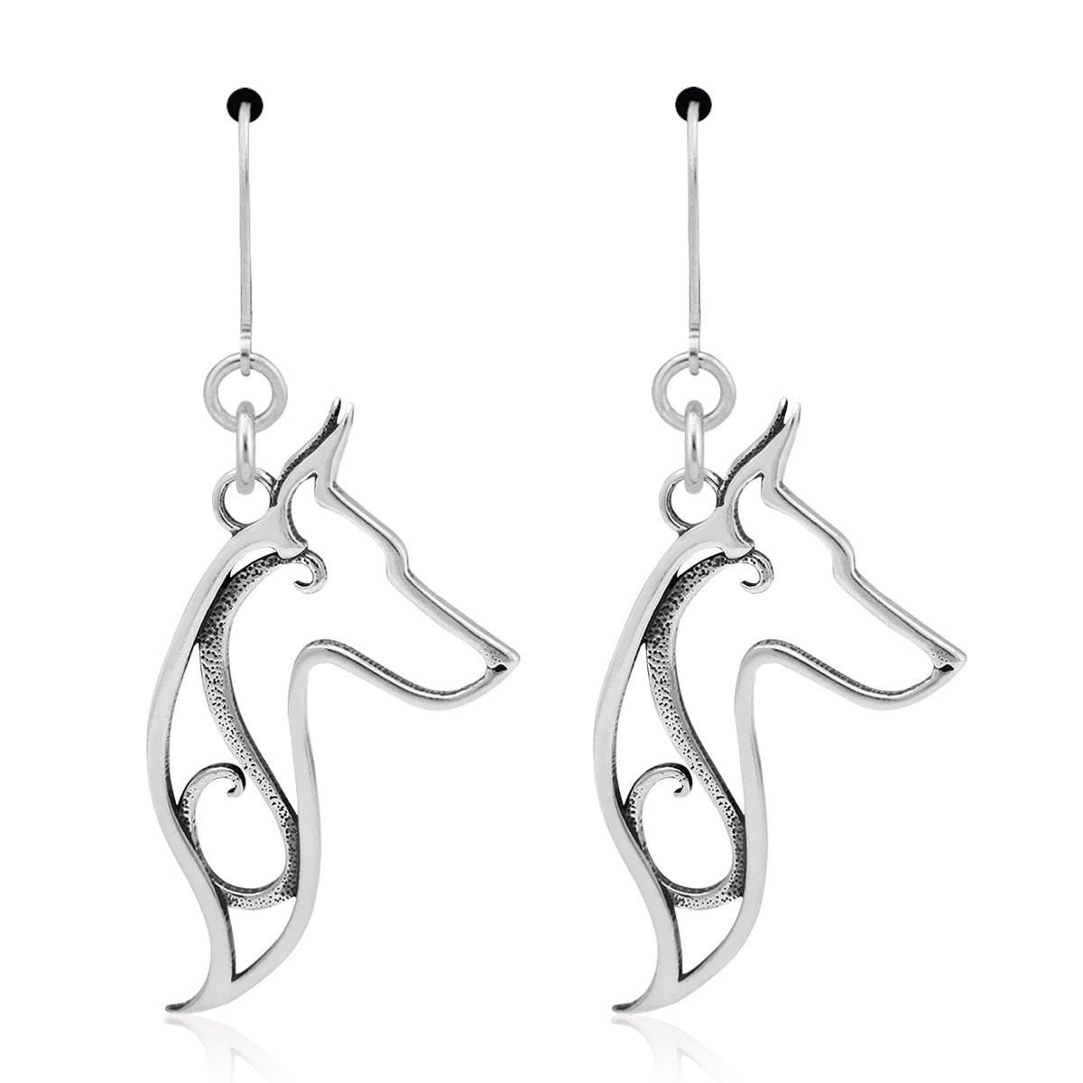 Doberman Pinscher Earrings in Sterling Silver, Cropped Ears