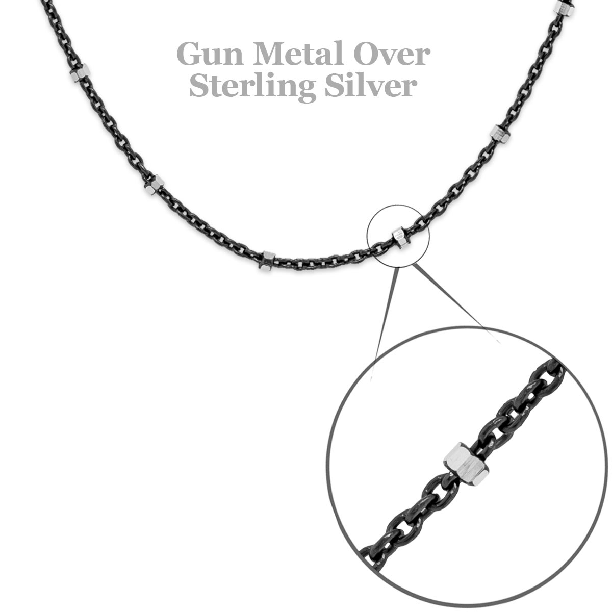 2 Tone Gun Metal Over Sterling Diamond Cut Satellite Necklace 16"