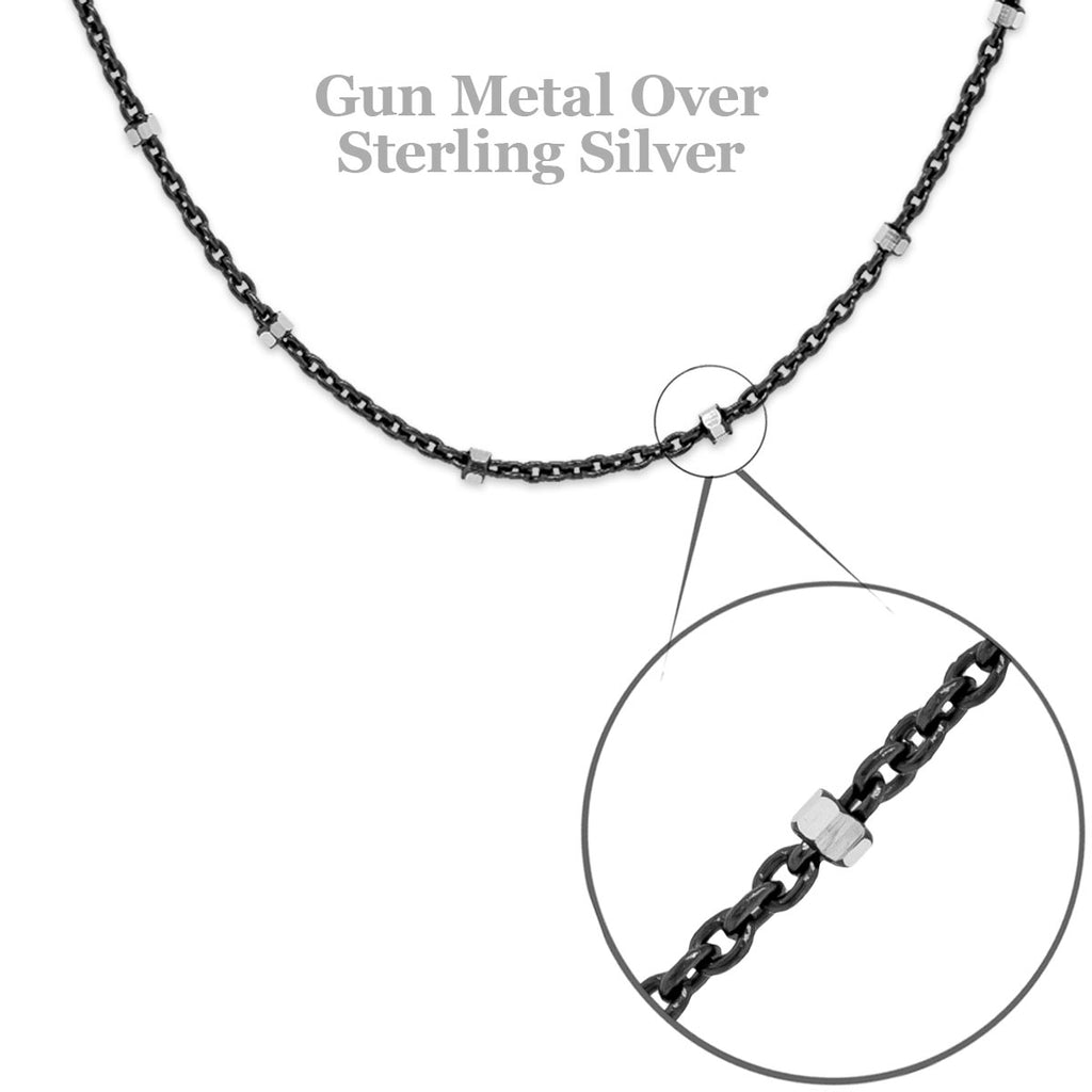 2 Tone Gun Metal Over Sterling Diamond Cut Satellite Necklace 18"