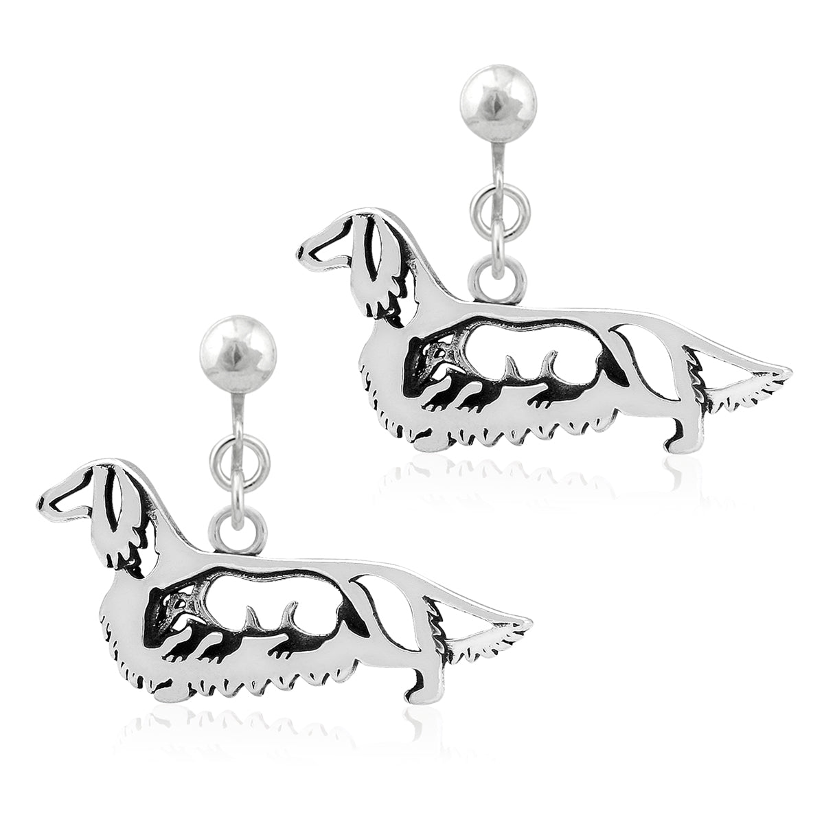 Sterling Silver Dachshund Dangle Earrings, Longhaired