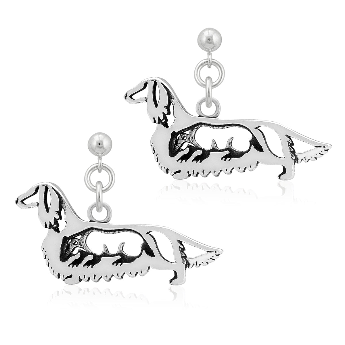 Sterling Silver Dachshund Dangle Earrings, Longhaired