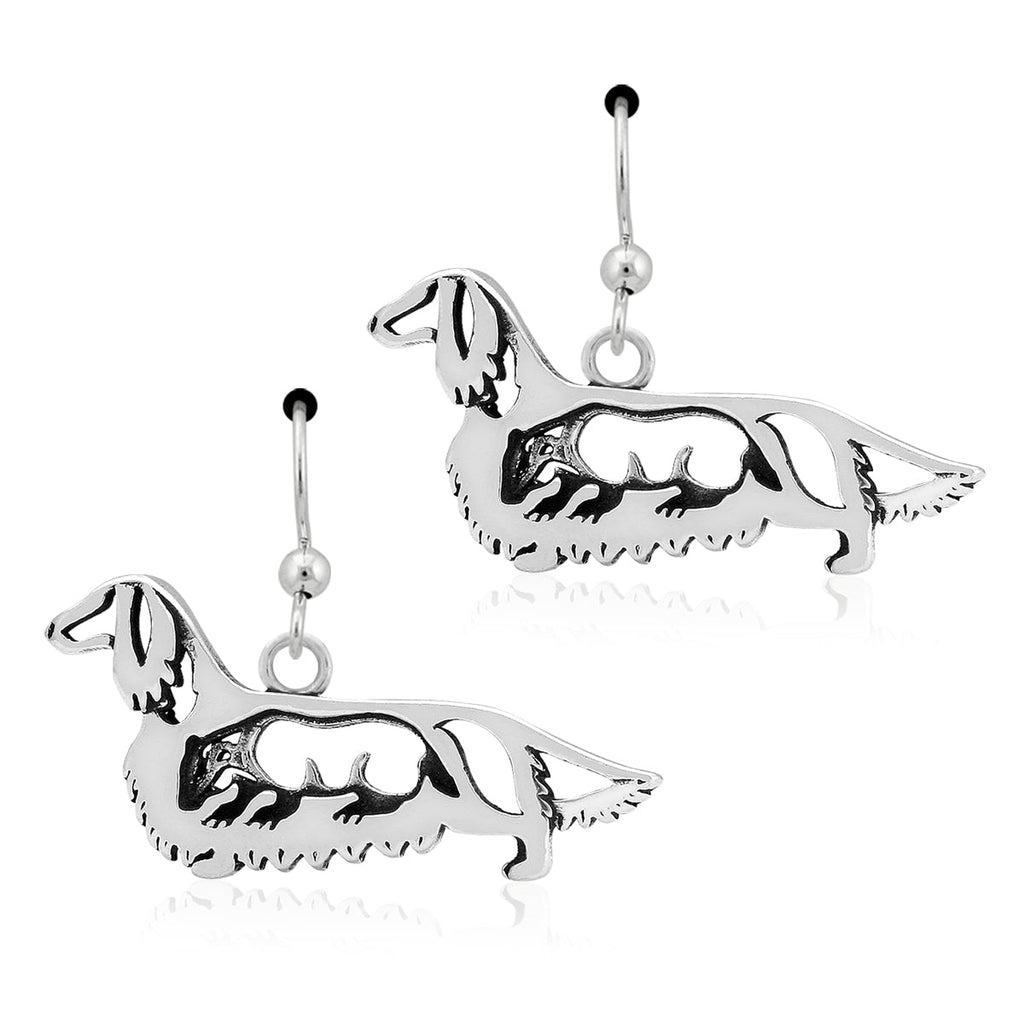 Sterling Silver Dachshund Dangle Earrings, Longhaired