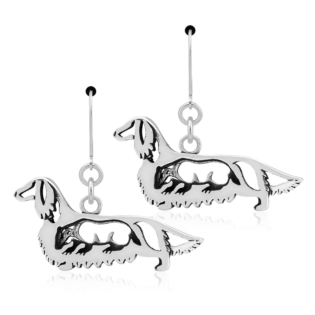 Sterling Silver Dachshund Dangle Earrings, Longhaired