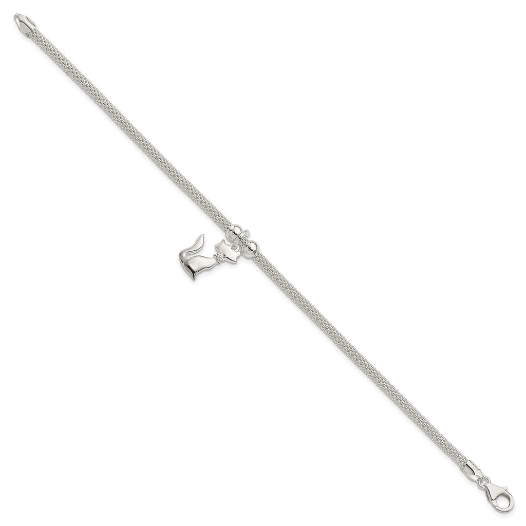 Kitty Cat Bracelet In Sterling Silver w/CZ Collar On Mesh Bracelet