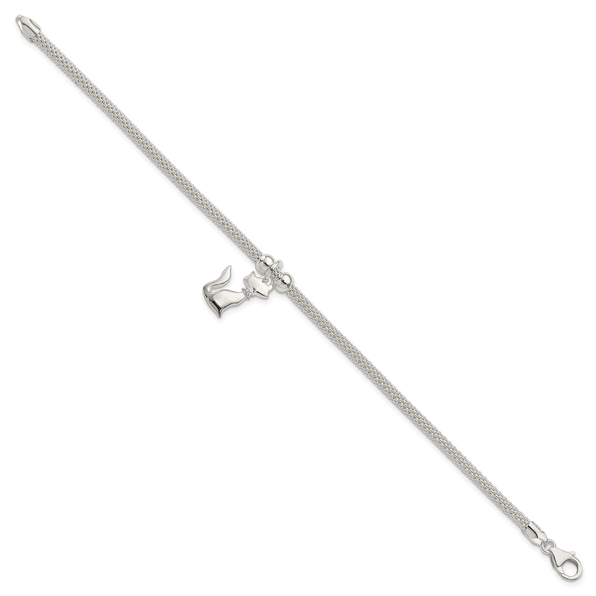 Kitty Cat Bracelet In Sterling Silver w/CZ Collar On Mesh Bracelet