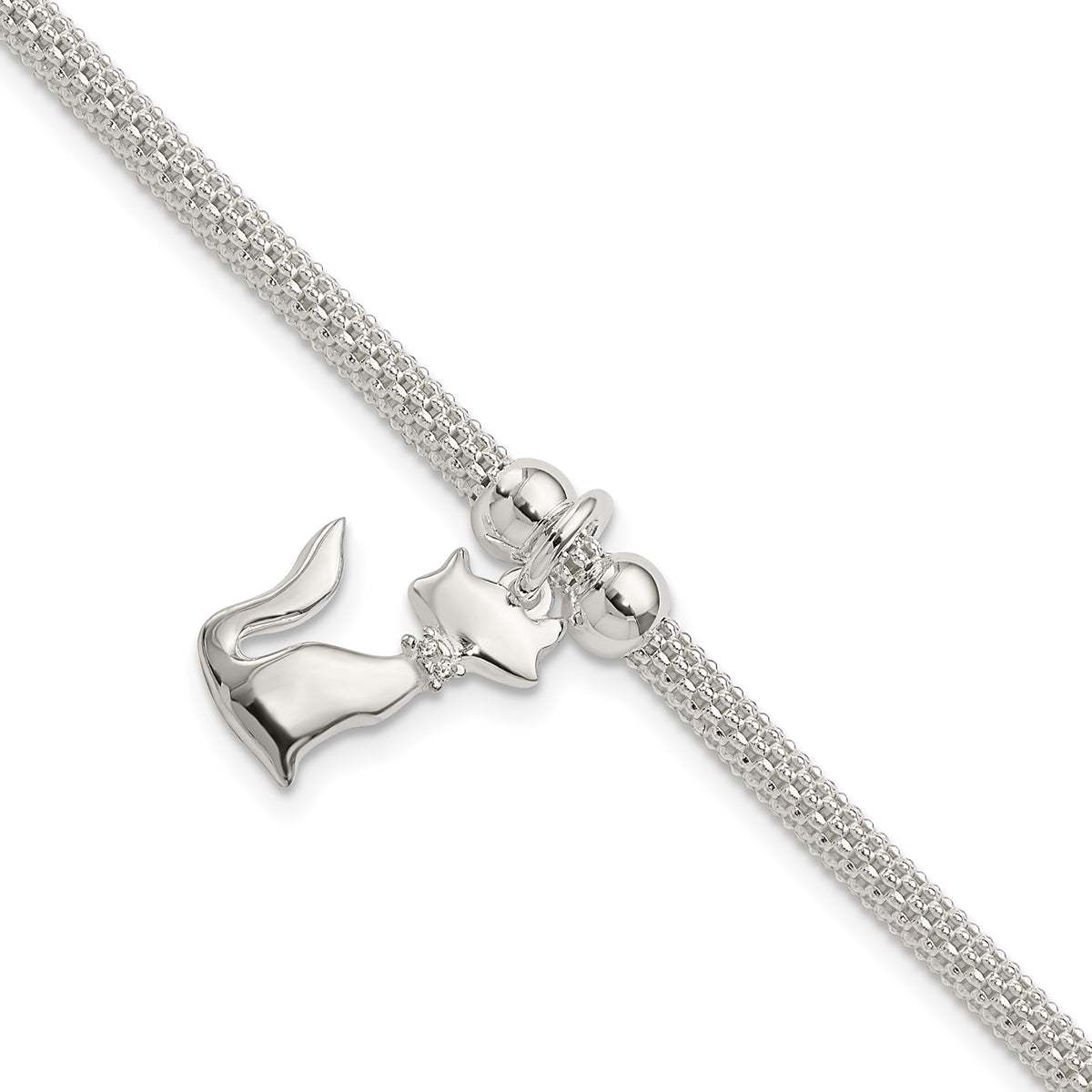 Kitty Cat Bracelet In Sterling Silver w/CZ Collar On Mesh Bracelet