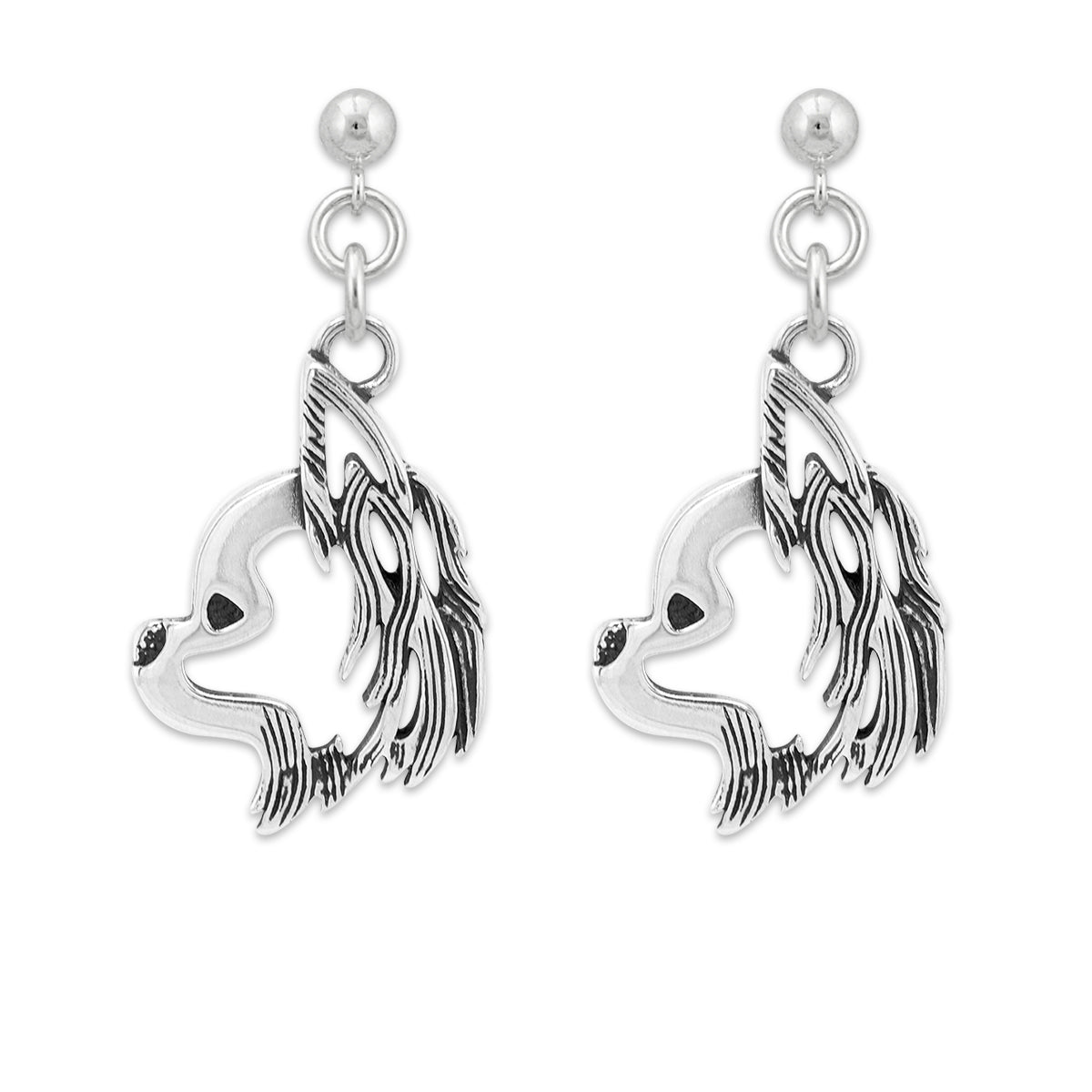Chihuahua Earrings in Sterling Silver, Longhaired